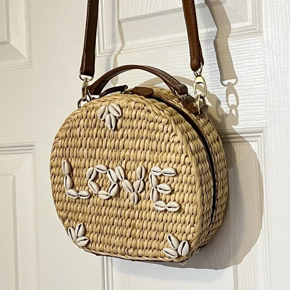 POOLSIDE x Dannijo Ariana “LOVE” Shell Rattan Circular Basket Handbag Purse